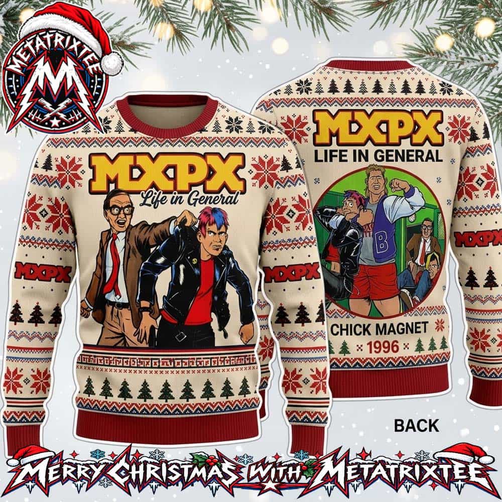 MxPx Life in General Album Art with Chick Magnet 1996 Characters XMAS Collectors Holiday Ugly Christmas Sweater MxPx Life in General Album Art with Chick Magnet 1996 Characters XMAS Collectors Holiday Ugly Christmas Sweater