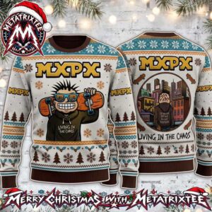 MxPx Living In The Chaos Album Art Skater Character Design Personalized Christmas 2026-2027 Holiday Ugly Christmas Sweater