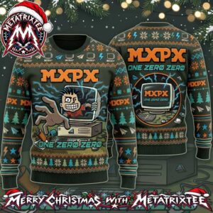 MxPx One Zero Zero Character Emerging from Computer Screen with Lightning Personalized Christmas 2026 Holiday Ugly Sweater