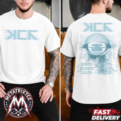 White graphic t-shirt with light blue MCR chest logo and back graphic featuring a cybernetic helmet over Asia 2026 tour dates.