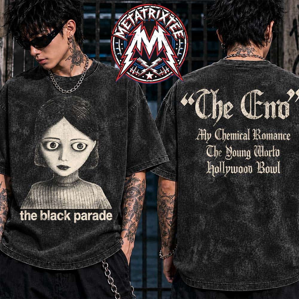 My Chemical Romance Devils Night 2026 Live In Hollywood Bowl The Black Parade Washed T-Shirt Creepy Doll Graphic Front The End The Dying World Back Print My Chemical Romance Devils Night 2026 Live In Hollywood Bowl The Black Parade Washed T-Shirt Creepy Doll Graphic Front The End The Dying World Back Print