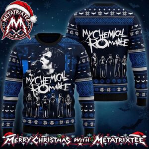My Chemical Romance Gerard Way And Band Lineup Blue Midnight Bats Graphic Gift For Fan Knitted Ugly Christmas Sweater