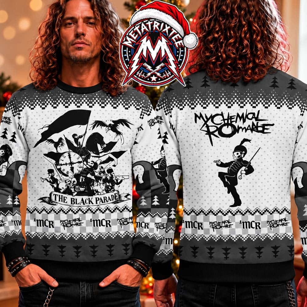 My Chemical Romance The Black Parade Marching Band Pepe Artwork 2026 Knitted Ugly Christmas Sweater My Chemical Romance The Black Parade Marching Band Pepe Artwork 2026 Knitted Ugly Christmas Sweater