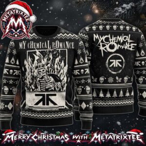 My Chemical Romance The Black Parade Skeleton Leader Flames And KK Logo Pattern 2026 Knitted Ugly Christmas Sweater
