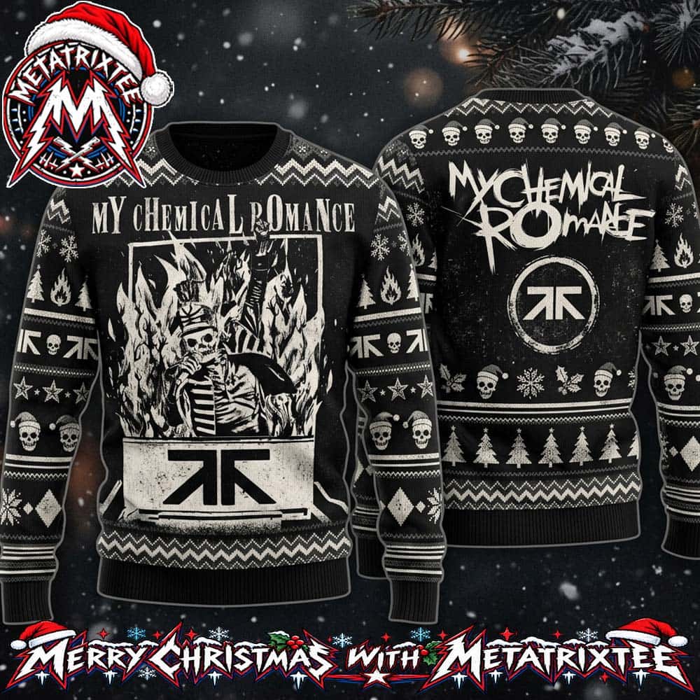 My Chemical Romance The Black Parade Skeleton Leader Flames And KK Logo Pattern 2026 Knitted Ugly Christmas Sweater My Chemical Romance The Black Parade Skeleton Leader Flames And KK Logo Pattern 2026 Knitted Ugly Christmas Sweater