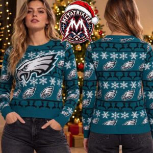 NFL Philadelphia Eagles Big Logo On Teal Pattern With Reindeer Snowflake Personalized Christmas 2026 Holiday Ugly Christmas Sweater
