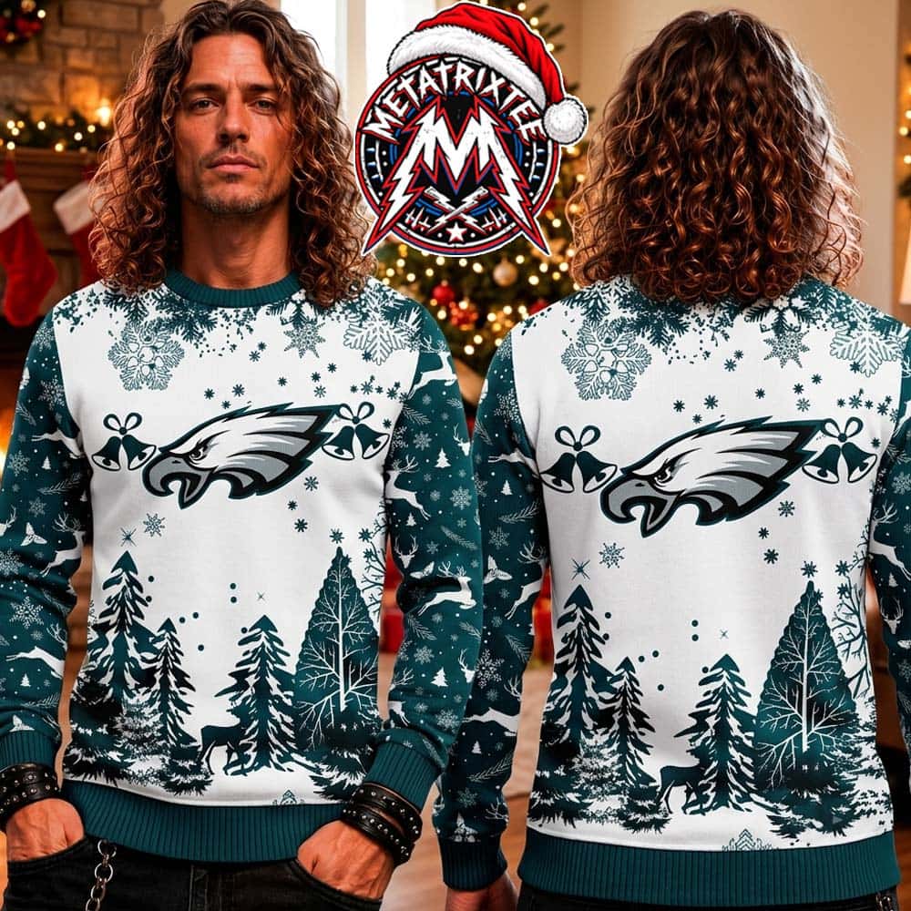 NFL Philadelphia Eagles Christmas Tree Deer And Snowy Forest Pattern 2026 Knitted Ugly Christmas Sweater NFL Philadelphia Eagles Christmas Tree Deer And Snowy Forest Pattern 2026 Knitted Ugly Christmas Sweater