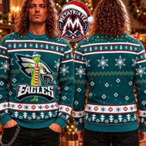 NFL Philadelphia Eagles Grinch Wearing Santa Hat And Scarf With Snowflake Pattern 2026 Knitted Ugly Christmas Sweater