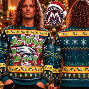 NFL Philadelphia Eagles Multiple Grinch Santa Faces Eating Cookies And Team Logo Gift For Fan Knitted Ugly Christmas Sweater