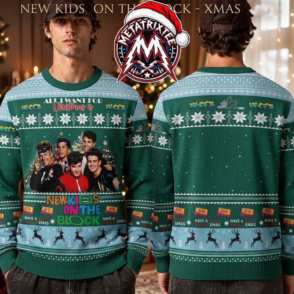 NKOTB New Kids On The Block All I Want For Christmas Band Photo Teal Green XMAS Collectors Edition Ugly Christmas Sweater NKOTB New Kids On The Block All I Want For Christmas Band Photo Teal Green XMAS Collectors Edition Ugly Christmas Sweater