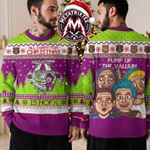 NOFX Band Pump Up The Valuum Album Cover Caricature Purple Green Holiday XMAS Collectors Edition Ugly Christmas Sweater