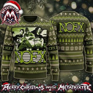 NOFX Punk Rock Band Photo With Slatted Block Logo Olive Green Gift For Fan Knitted Ugly Christmas Sweater