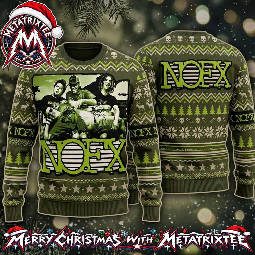 NOFX Punk Rock Band Photo With Slatted Block Logo Olive Green Gift For Fan Knitted Ugly Christmas Sweater NOFX Punk Rock Band Photo With Slatted Block Logo Olive Green Gift For Fan Knitted Ugly Christmas Sweater