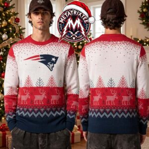 New England Patriots NFL Team Logo With Reindeer Pine Tree Snowflake Pattern 2026 Knitted Ugly Christmas Sweater