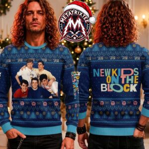 New Kids On The Block Band Member Photo Blue Pine Tree Pattern Gift For Fan Knitted Ugly Christmas Sweater