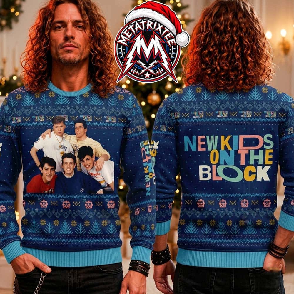 New Kids On The Block Band Member Photo Blue Pine Tree Pattern Gift For Fan Knitted Ugly Christmas Sweater New Kids On The Block Band Member Photo Blue Pine Tree Pattern Gift For Fan Knitted Ugly Christmas Sweater