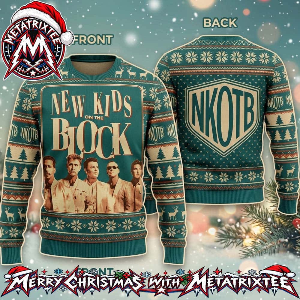 New Kids On The Block NKOTB Crest Logo And Band Members Photo Ugly Christmas Sweater Gift For Holiday 2026 New Kids On The Block NKOTB Crest Logo And Band Members Photo Ugly Christmas Sweater Gift For Holiday 2026