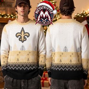 New Orleans Saints NFL Fleur-de-lis Snowflakes Deers Fair Isle Knit Gift For Fan Knitted Ugly Christmas Sweater