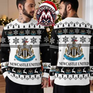 Newcastle United FC Crest And Retro Snowflakes Xmas Patterns Gift For Fan Knitted Ugly Christmas Sweater