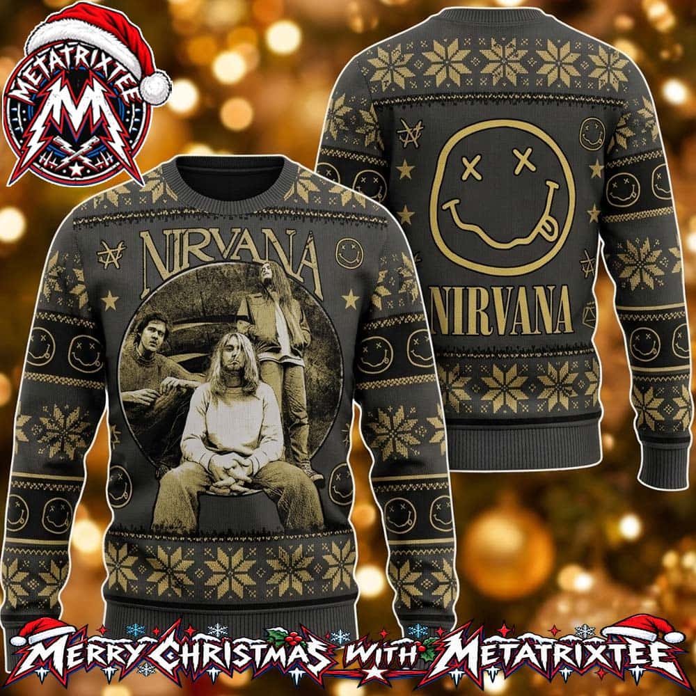 Nirvana Band Kurt Cobain Band Photo Smiley Face Logo Snowflake Pattern 2026 Knitted Ugly Christmas Sweater Nirvana Band Kurt Cobain Band Photo Smiley Face Logo Snowflake Pattern 2026 Knitted Ugly Christmas Sweater