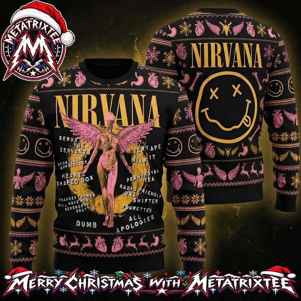 Nirvana In Utero Album Artwork Winged Angel Smiley Face Festive Snowflake Pattern Ugly Christmas Sweater Gift For Holiday 2026 Nirvana In Utero Album Artwork Winged Angel Smiley Face Festive Snowflake Pattern Ugly Christmas Sweater Gift For Holiday 2026