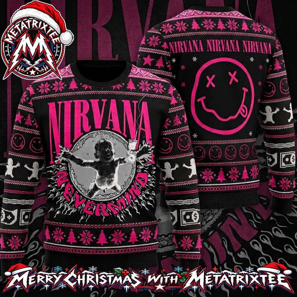 Nirvana Nevermind Album Baby Dollar Bill Smiley Graphic Pink 2026 Knitted Ugly Christmas Sweater Nirvana Nevermind Album Baby Dollar Bill Smiley Graphic Pink 2026 Knitted Ugly Christmas Sweater