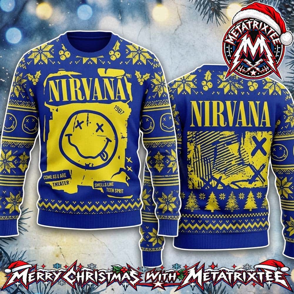 Nirvana Rock Smiley Smells Like Teen Sprit And Come As U Are Blue Yellow Graphic 2026 Knitted Ugly Christmas Sweater Nirvana Rock Smiley Smells Like Teen Sprit And Come As U Are Blue Yellow Graphic 2026 Knitted Ugly Christmas Sweater