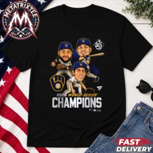 Official Milwaukee Brewers 2026 World Series Champions Cartoon Player Caricature Black T-Shirt