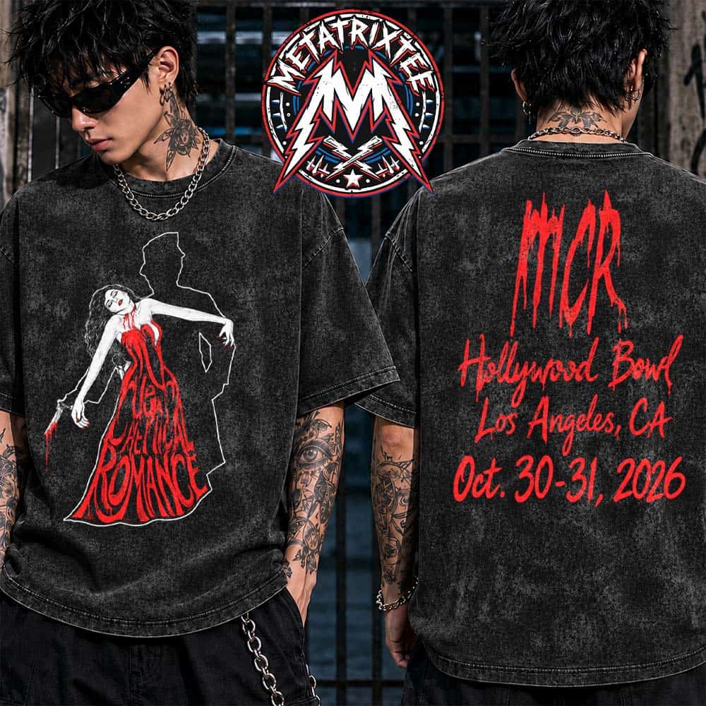 Official My Chemical Romance Devil’s Night 2026 Hollywood Bowl LA Concert October 30-31 Red Dress Vampire Silhouette Merch Washed T-Shirt Official My Chemical Romance Devil’s Night 2026 Hollywood Bowl LA Concert October 30-31 Red Dress Vampire Silhouette Merch Washed T-Shirt