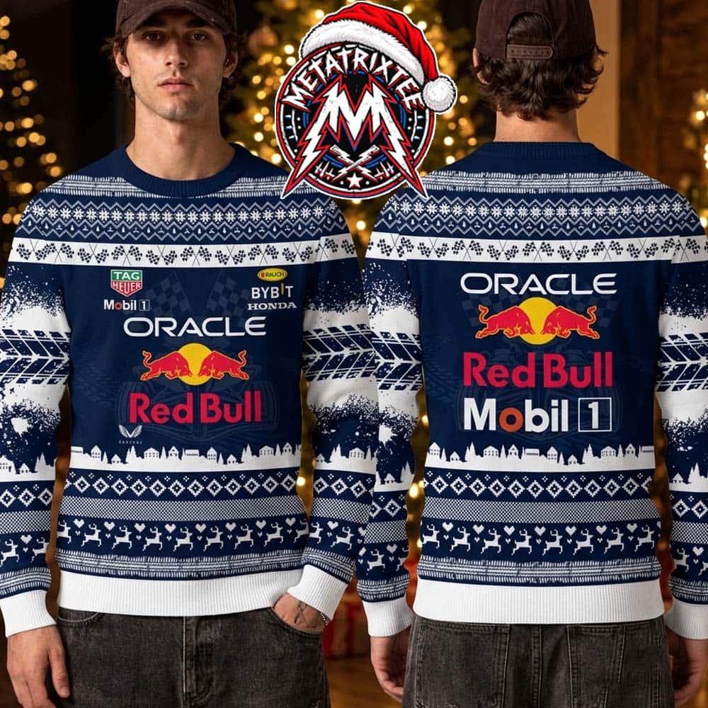 Oracle Red Bull Racing F1 Tire Tracks Snowflake Pattern Gift For Fan Knitted Ugly Christmas Sweater Oracle Red Bull Racing F1 Tire Tracks Snowflake Pattern Gift For Fan Knitted Ugly Christmas Sweater
