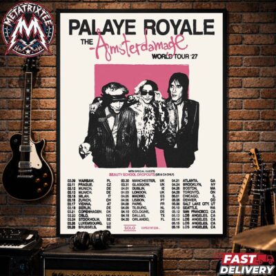 Palaye Royale concert poster showing band trio portrait with The Amsterdamage world tour cities list.