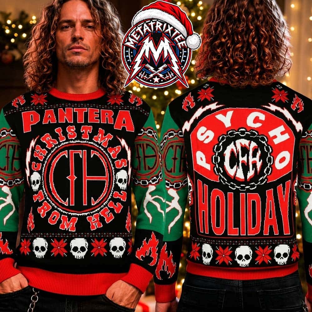 Pantera Band Christmas From Hell Psycho Holiday Flames And Skulls Gift For Fan Knitted Ugly Christmas Sweater Pantera Band Christmas From Hell Psycho Holiday Flames And Skulls Gift For Fan Knitted Ugly Christmas Sweater