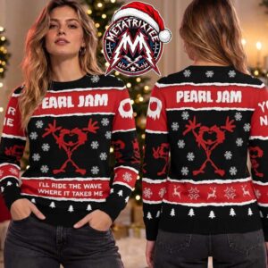 Pearl Jam Band Stickman Logo Red Black Snowflake Reindeer Pattern I’ll Ride The Wave Lyrics Knitted Ugly Christmas Sweater