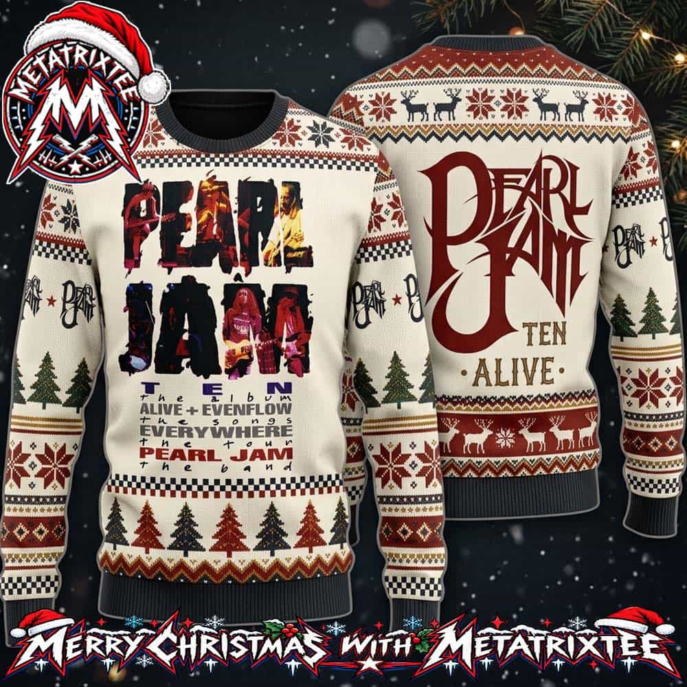 Pearl Jam Band Ten Album Alive Tour Cream Artwork And Back Spiky Logo Holiday Christmas Xmas Ugly Christmas Sweater Pearl Jam Band Ten Album Alive Tour Cream Artwork And Back Spiky Logo Holiday Christmas Xmas Ugly Christmas Sweater
