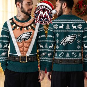 Philadelphia Eagles NFL Fake Chest Abs Muscle Santa Suit Reindeer Snowflakes 2026 Knitted Ugly Christmas Sweater