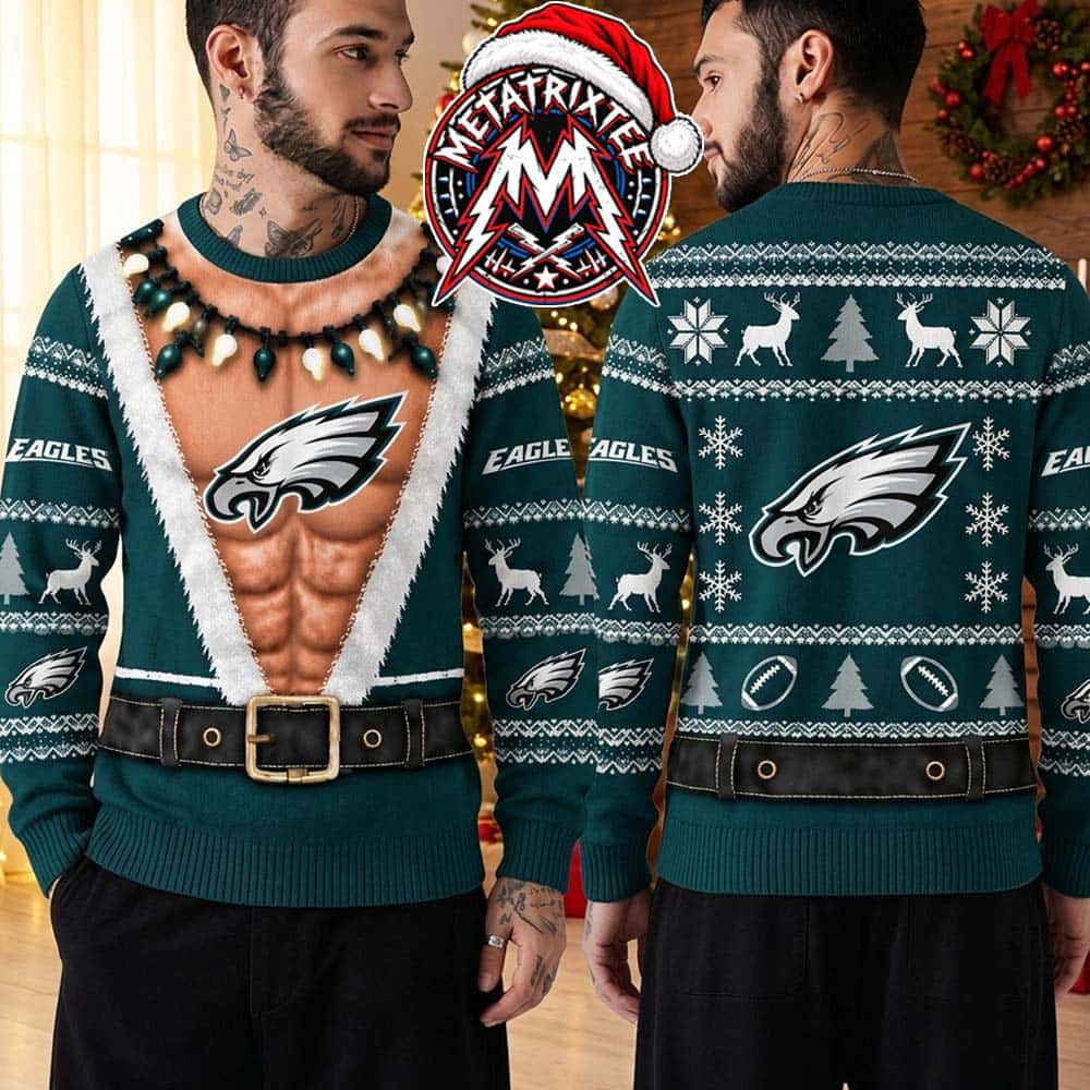 Philadelphia Eagles NFL Fake Chest Abs Muscle Santa Suit Reindeer Snowflakes 2026 Knitted Ugly Christmas Sweater Philadelphia Eagles NFL Fake Chest Abs Muscle Santa Suit Reindeer Snowflakes 2026 Knitted Ugly Christmas Sweater