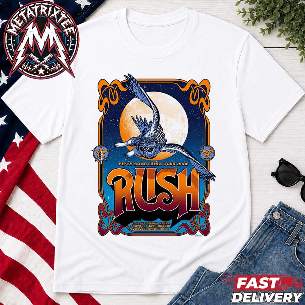 RUSH Justin Hampton Poster Concert For Climate Pledge Arena Two Nights In Seattle Washington On October 10th And 12th Fifty Something Tour 2026 White T-Shirt RUSH Justin Hampton Poster Concert For Climate Pledge Arena Two Nights In Seattle Washington On October 10th And 12th Fifty Something Tour 2026 White T-Shirt