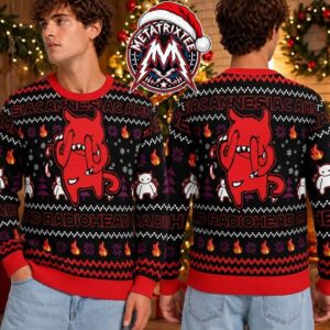 Radiohead Amnesiac Album Artwork with Red Character and Flames 2026 Ugly Christmas Sweater Gift For Men And Women