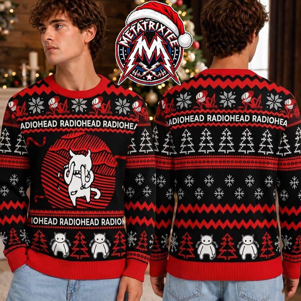 Radiohead Rock Band Crying Minotaur Modified Bear Red Black Snowflake Christmas Tree Pattern Ugly Christmas Sweater Gift For Holiday Radiohead Rock Band Crying Minotaur Modified Bear Red Black Snowflake Christmas Tree Pattern Ugly Christmas Sweater Gift For Holiday