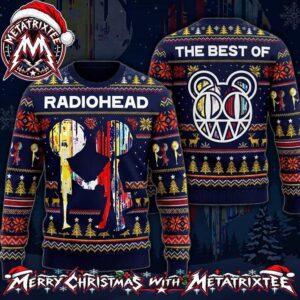 Radiohead The Best Of OK Computer Bear Logo And Figures Knitted Pattern Gift For Fan Knitted Ugly Christmas Sweater