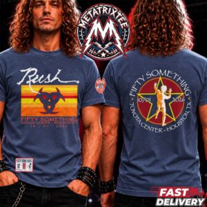 Rock band RUSH Houston Fifty Something Tour 2026 Concert Tee For Toyota Center In Texas On October 1st 2026 Two Sided Navy T-Shirt
