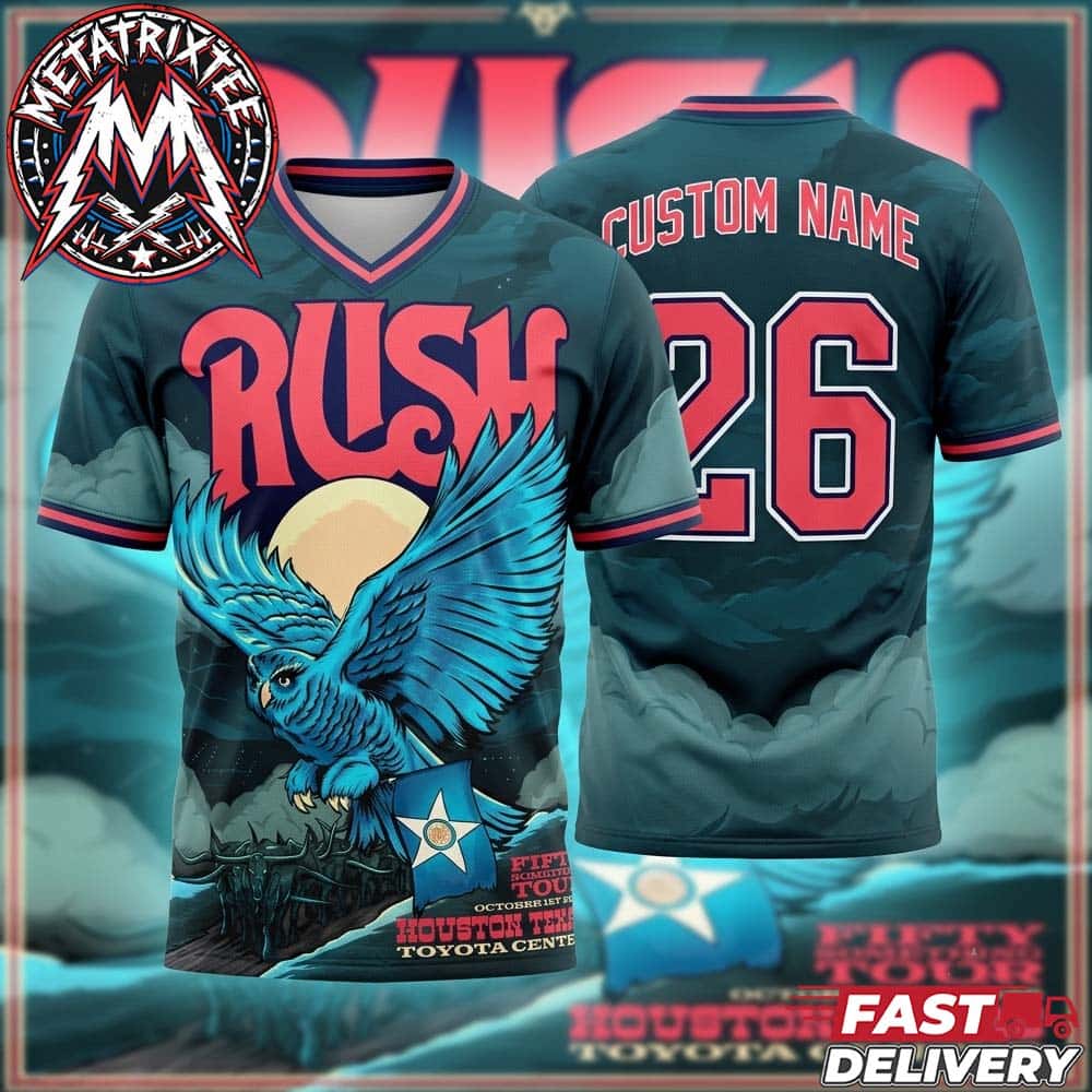 Rock band RUSH Houston Fifty Something Tour 2026 Show Poster For Toyota Center In Texas On October 1st 2026 Shirt Football Jersey Rock band RUSH Houston Fifty Something Tour 2026 Show Poster For Toyota Center In Texas On October 1st 2026 Shirt Football Jersey