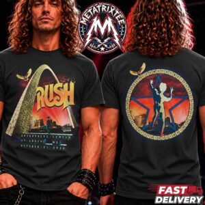 Black two-sided Rush concert t-shirt featuring the St. Louis Gateway Arch on the front and the Starman emblem on the back.