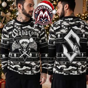 Sabaton Camo Gas Mask Santa Hat And Cross Daggers 2026 Knitted Ugly Christmas Sweater