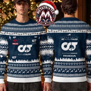 Scuderia AlphaTauri F1 Racing Team Logo Navy White Snowflake Reindeer Pattern Gift For Fan Knitted Ugly Christmas Sweater