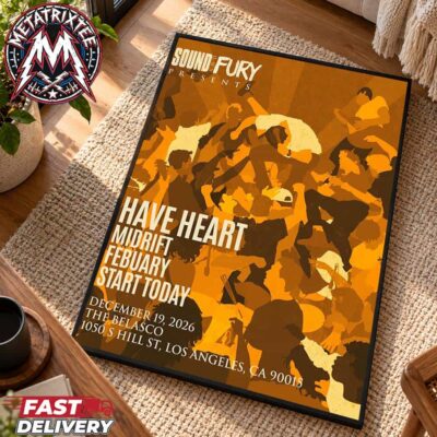 Hardcore gig poster illustration showing stage-diving silhouettes in amber tones for Have Heart at The Belasco.