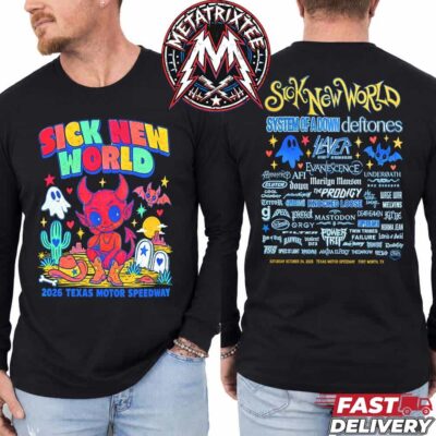 Black long-sleeve T-shirt featuring a cartoon red devil in a desert on the front and the Sick New World 2026 band lineup on the back.