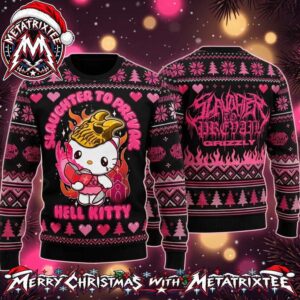 Slaughter To Prevail Grizzly Hell Kitty Masked Hell Kitty Reading Book With Pink Flames Gift For Fan Knitted Ugly Christmas Sweater