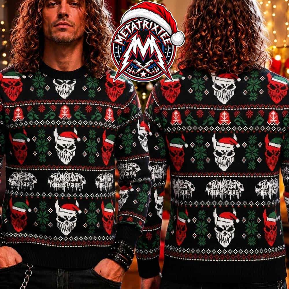 Slaughter To Prevail Horned Santa Skull And Metal Logo 2026 Knitted Ugly Christmas Sweater Slaughter To Prevail Horned Santa Skull And Metal Logo 2026 Knitted Ugly Christmas Sweater