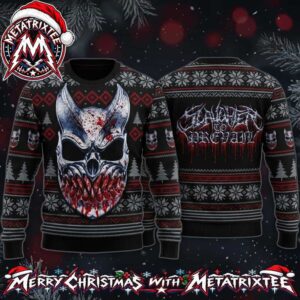 Slaughter to Prevail Chrome Mask Bloody Horned Skull And Band Logo With Holiday Snowflakes Patterns 2026 Knitted Ugly Christmas Sweater